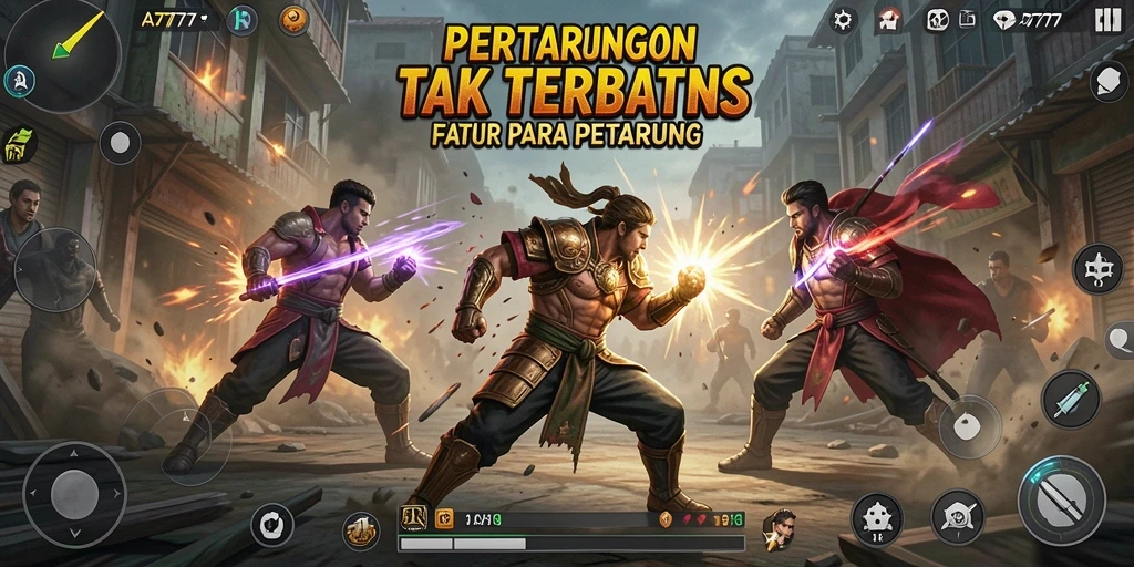 Screenshot A7777 menampilkan pertarungan seru antara karakter yang kuat.