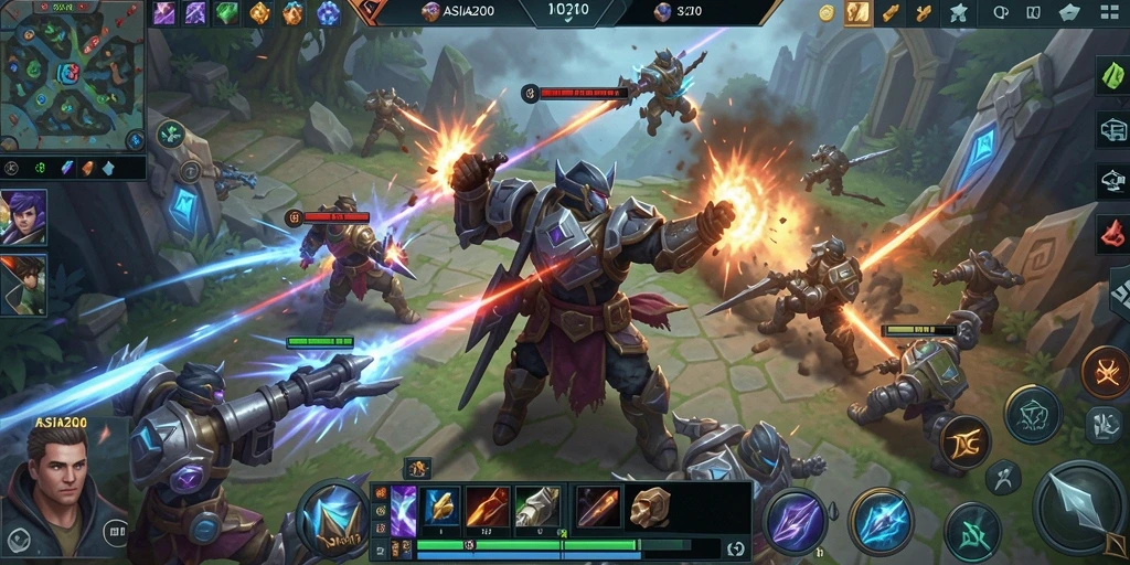 Screenshot gameplay ASIA200 yang menampilkan aksi MOBA yang seru.