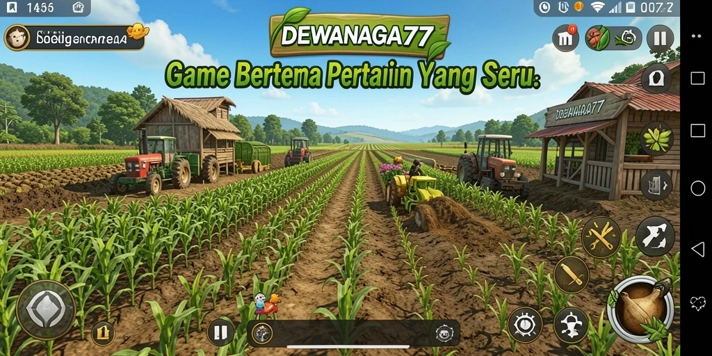 Screenshot gameplay DEWANAGA77 menampilkan kebun yang rimbun dan aktivitas bertani.