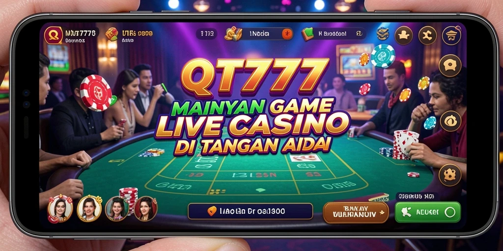 Screenshot gameplay QT777 menunjukkan dealer profesional dan suasana kasino yang menegangkan.