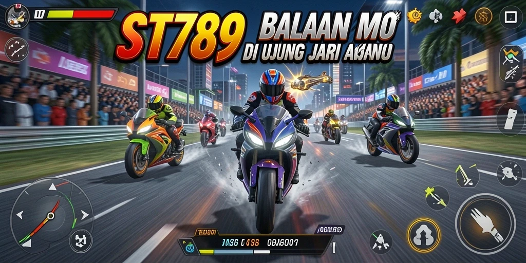 Screenshot ST789 menunjukkan aksi balapan motor yang intens dan mendebarkan.