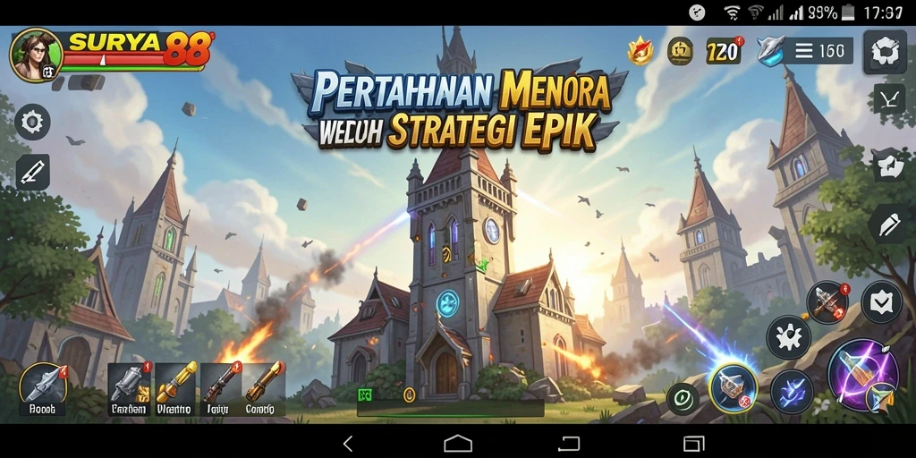 Tampilan menarik dari gameplay SURYA88 dan aksi pertahanan menara.